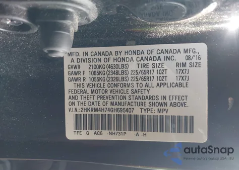 2016 Honda Cr-V Ex-L from USA, damaged, VIN 2HKRM4H74GH695407